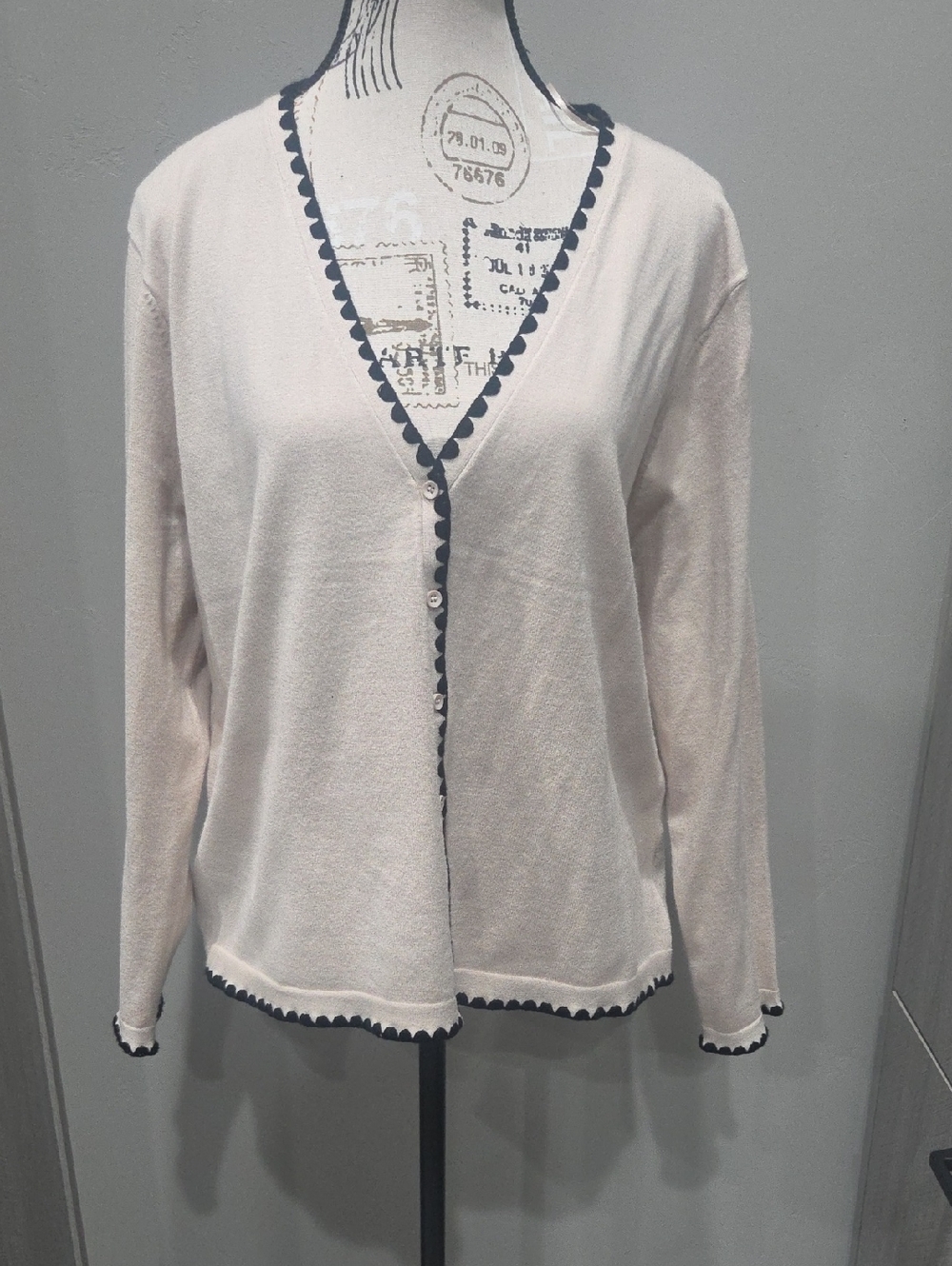Cream V-Neck Button Cardigan with Black Scallop Trim